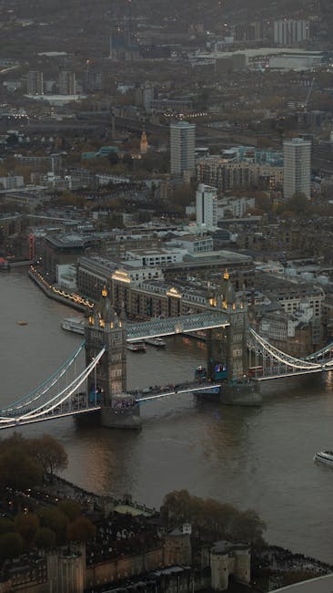 The image shows a view of the River Thames in London, with the iconic Tower Bridge featuring two tall towers and suspension elements visible in the center background. The riverbank includes moored boa